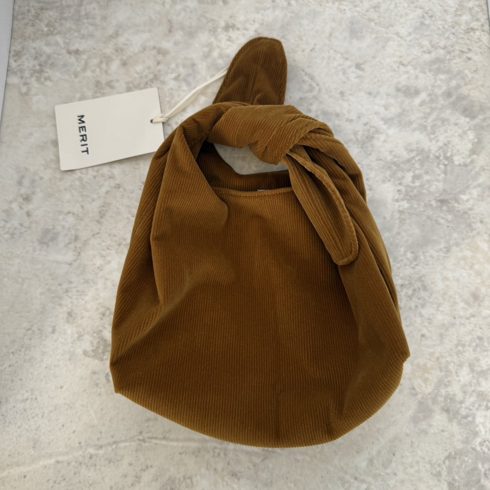 MERIT Beauty Corduroy Knot Handle Mini Bag Caramel Brown NWT